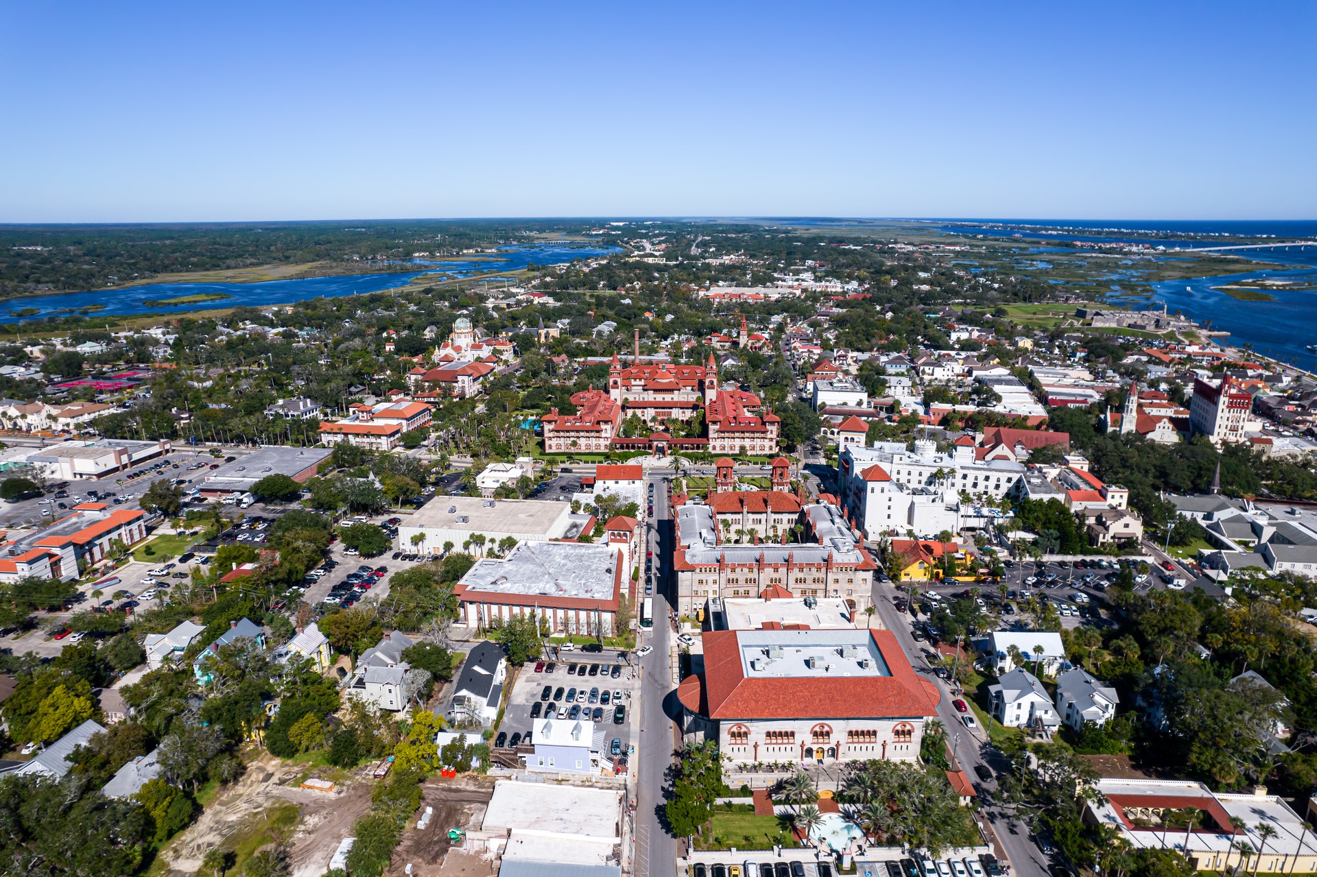 Beautiful aerial view of the St Augustine, the oldest town in USA. the castle of San Marcos National Monument, Flagler College and the Matanzas Bay